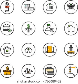 line vector icon set - airport tower vector, hospital building, bank, account, home, doors, sand fort, sea hotel, lighthouse