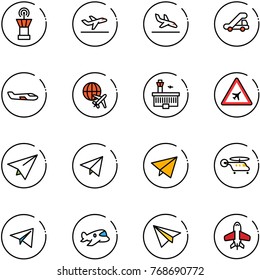 line vector icon set - airport tower vector, departure, arrival, trap truck, small plane, globe, building, road sign, paper, fly, helicopter, toy