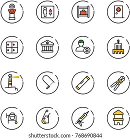 line vector icon set - airport tower vector, elevator, baggage room, first aid, bank, account, building, lighthouse, fretsaw, level, bolt cutter, cocncrete mixer, winch, gun sealant, toy block house