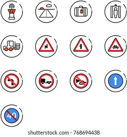 line vector icon set - airport tower vector, runway, suitcase, metal detector gate, fork loader, abrupt turn right road sign, intersection, for moto, no left, trailer, horn, only forward