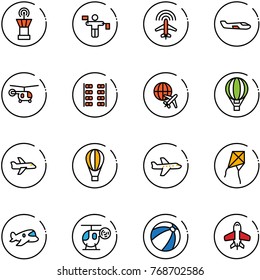 line vector icon set - airport tower vector, traffic controller, plane radar, small, helicopter, seats, globe, air balloon, kite, toy, beach ball