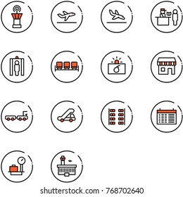 line vector icon set - airport tower vector, departure, arrival, passport control, metal detector gate, waiting area, terrorism, duty free, baggage truck, trap, plane seats, schedule, scales