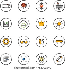 line vector icon set - airport bus vector, globe, sun, building, account statement, refresh cloud, crown, sunglasses, flip flops, skateboard, terms plan, record button, gear, football