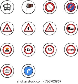 line vector icon set - airport bus vector, side wind, prohibition road sign, no parkin odd, intersection, narrows, trailer, dangerous cargo, limited width, speed limit 80, overtake, tax peage