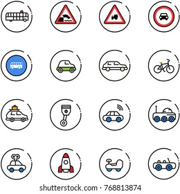 line vector icon set - airport bus vector, embankment road sign, tractor way, no car, limousine, bike, baggage, piston, wireless, moon rover, toy, rocket, baby