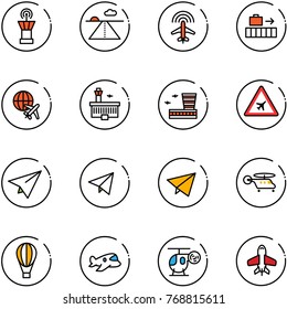 line vector icon set - airport tower vector, runway, plane radar, baggage, globe, building, road sign, paper, fly, helicopter, air balloon, toy