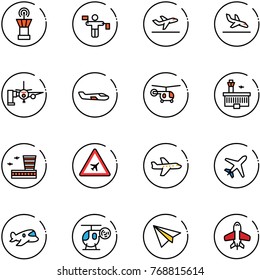 line vector icon set - airport tower vector, traffic controller, departure, arrival, boarding passengers, small plane, helicopter, building, road sign, toy, paper