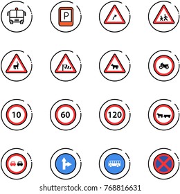 line vector icon set - airport bus vector, parking sign, turn right road, children, wild animals, side wind, cow, no moto, speed limit 10, 60, 120, cart horse, overtake, only forward, stop