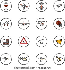 line vector icon set - airport tower vector, traffic controller, plane radar, departure, trap truck, helicopter, globe, building, road sign, paper fly