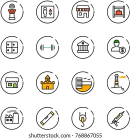 line vector icon set - airport tower vector, elevator, duty free, baggage room, barbell, bank, account, store, sand fort, hotel, lighthouse, plant, level, winch, gun sealant