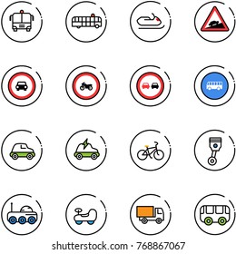 line vector icon set - airport bus vector, snowmobile, climb road sign, no car, moto, overtake, electric, bike, piston, moon rover, baby, truck toy
