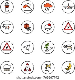 line vector icon set - airport tower vector, clouds, storm, plane, helicopter, globe, snowfall, road sign, abrupt turn right, paper fly, career, rain cloud, rocket, kite, moon lamp