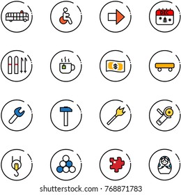 line vector icon set - airport bus vector, disabled, right arrow, christmas calendar, ski, hot tea, money, skateboard, wrench, hammer, wood drill, Angular grinder, winch, billiards balls, puzzle