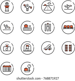 line vector icon set - airport tower vector, traffic controller, runway, departure, arrival, baggage, metal detector gate, waiting area, terrorism, officer window, trap truck, plane seats, schedule