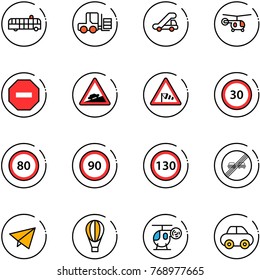 line vector icon set - airport bus vector, fork loader, trap truck, helicopter, no way road sign, climb, side wind, speed limit 30, 80, 90, 130, end overtake, paper fly, air balloon, toy, car
