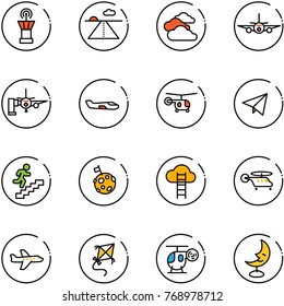 line vector icon set - airport tower vector, runway, clouds, plane, boarding passengers, small, helicopter, paper fly, career, moon flag, cloud ladder, kite, toy, lamp