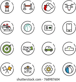 line vector icon set - airport tower vector, vip zone, gloves, christmas deer, santa sleigh, basketball ball, credit card, phone, target, agreement, car, pedestal, flags cross, outdoor cafe, gear