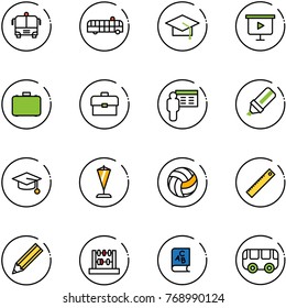 line vector icon set - airport bus vector, graduate hat, presentation board, case, portfolio, highlight marker, pennant, volleyball, ruler, pencil, abacus, abc book, toy