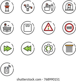line vector icon set - airport tower vector, traffic controller, passport control, officer window, building, floor scales, light road sign, customs, fast forward, backward, gear globe, jalousie