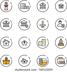 line vector icon set - airport tower vector, hospital building, bank, account, home, sand fort, hotel, sea