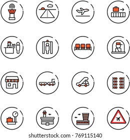 line vector icon set - airport tower vector, runway, departure, baggage, passport control, metal detector gate, waiting area, officer window, duty free, truck, trap, plane seats, scales, building