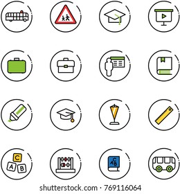 line vector icon set - airport bus vector, children road sign, graduate hat, presentation board, case, portfolio, book, highlight marker, pennant, ruler, abc cube, abacus, toy