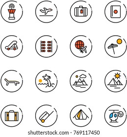 line vector icon set - airport tower vector, departure, suitcase, passport, trap truck, plane seats, globe, beach, lounger, palm, mountains, pyramid, tent, helicopter toy