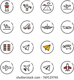 line vector icon set - airport tower vector, traffic controller, runway, departure, arrival, trap truck, plane, small, seats, paper fly, helicopter, toy