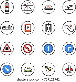 line vector icon set - airport tower vector, runway, taxi, departure, bus, parking sign, metal detector gate, escalator down, tunnel road, no left turn, only forward, right, detour, car, paper plane