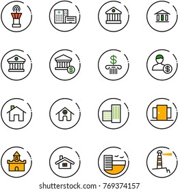 line vector icon set - airport tower vector, hospital building, bank, account, home, doors, sand fort, hotel, lighthouse