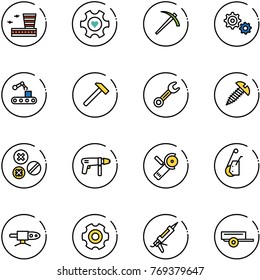 line vector icon set - airport building vector, heart gear, job, conveyor, hammer, wrench, screw, rivet, drill machine, Angular grinder, winch, pipe welding, gun sealant, trailer