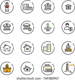 line vector icon set - airport tower vector, hospital building, bank, account, home, sand fort, sea hotel, lighthouse