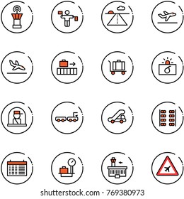 line vector icon set - airport tower vector, traffic controller, runway, departure, arrival, baggage, terrorism, officer window, truck, trap, plane seats, schedule, scales, building, road sign
