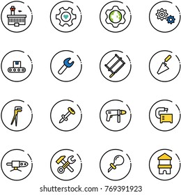 line vector icon set - airport building vector, heart gear, globe, conveyor, wrench, bucksaw, trowel, plumber, nail dowel, drill machine, tool, pipe welding, hammer, oiler, toy block house