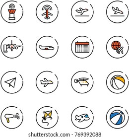 line vector icon set - airport tower vector, plane radar, departure, arrival, boarding passengers, small, schedule, globe, paper fly, helicopter, ball, dryer, kite, toy, beach