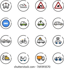 line vector icon set - airport bus vector, snowmobile, embankment road sign, tractor way, car, electric, limousine, cabrio, bike, baggage, toy, excavator, baby, truck