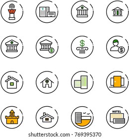 line vector icon set - airport tower vector, hospital building, bank, account, home, doors, sand fort, hotel, sea