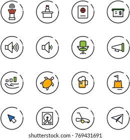 line vector icon set - airport tower vector, recieptionist, passport, receipt, volume max, low, office chair, speaker horn, growth, sea turtle, beer, sand castle, cursor, hdd, lawn mower