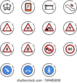 line vector icon set - airport bus vector, parking sign, barrier, escalator down, turn right road, oncoming traffic, embankment, slippery, intersection, narrows, no horn, speed limit 80, detour
