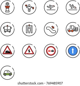 line vector icon set - airport tower vector, traffic controller, departure, arrival, bus, metal detector gate, escalator down, fork loader, climb road sign, intersection, no overtake, only forward