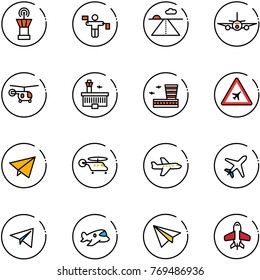line vector icon set - airport tower vector, traffic controller, runway, plane, helicopter, building, road sign, paper fly, toy