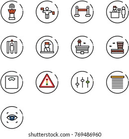 line vector icon set - airport tower vector, traffic controller, vip zone, passport control, metal detector gate, officer window, building, floor scales, light road sign, settings, jalousie