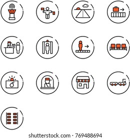 line vector icon set - airport tower vector, traffic controller, runway, baggage, passport control, metal detector gate, travolator, waiting area, terrorism, officer window, duty free, truck