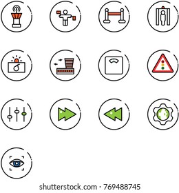 line vector icon set - airport tower vector, traffic controller, vip zone, metal detector gate, terrorism, building, floor scales, light road sign, settings, fast forward, backward, gear globe
