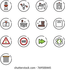 line vector icon set - airport tower vector, traffic controller, passport control, metal detector gate, terrorism, building, floor scales, light road sign, customs, fast forward, gear globe