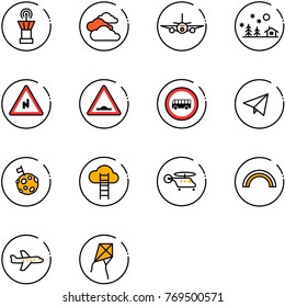 line vector icon set - airport tower vector, clouds, plane, christmas landscape, abrupt turn right road sign, artificial unevenness, no bus, paper fly, moon flag, cloud ladder, helicopter, rainbow