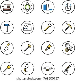 line vector icon set - airport building vector, gear globe, water power plant, casting of steel, hammer, sledgehammer, axe, trowel, nail, dowel, rivet, wood drill, winch, pipe welding, gun sealant