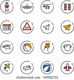 line vector icon set - airport tower vector, plane, helicopter, seats, schedule, side wind road sign, paper fly, ball, kite, protect glass, toy, beach