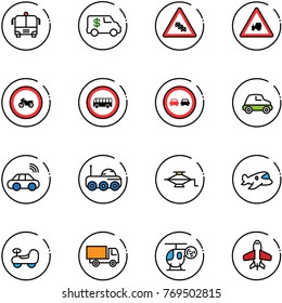 line vector icon set - airport bus vector, encashment car, multi lane traffic road sign, tractor way, no moto, overtake, wireless, moon rover, jack, plane toy, baby, truck, helicopter