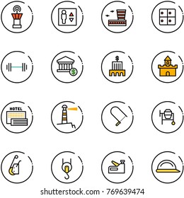 line vector icon set - airport tower vector, elevator, building, baggage room, barbell, account, bank, sand fort, sea hotel, lighthouse, fretsaw, cocncrete mixer, winch, stapler, construction helmet